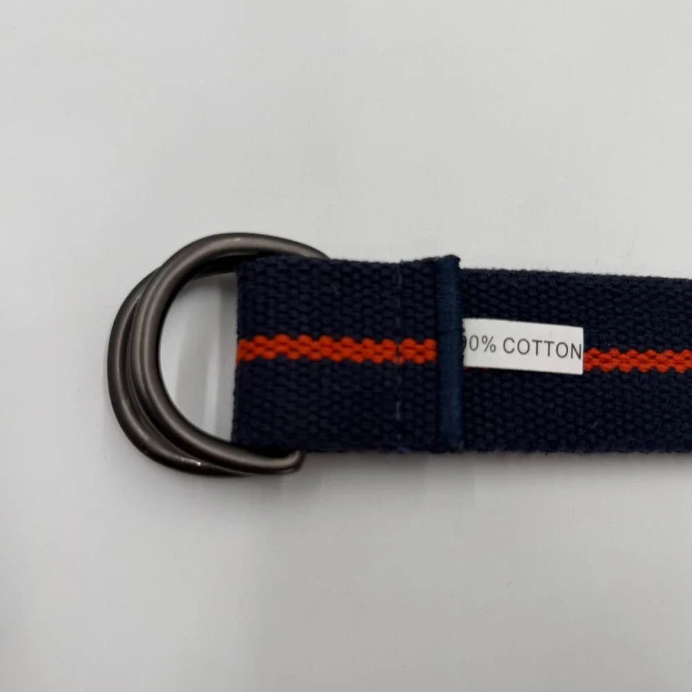 Navy Blue Orange Striped Woven Cotton D-Ring Belt Mens Canvas Webbing 40 Inch